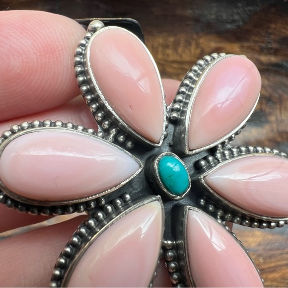 Queen Conch & Kingman Turquoise Flower Statement Ring 925 Sterling Silver | 8.5 - Picture 12 of 15